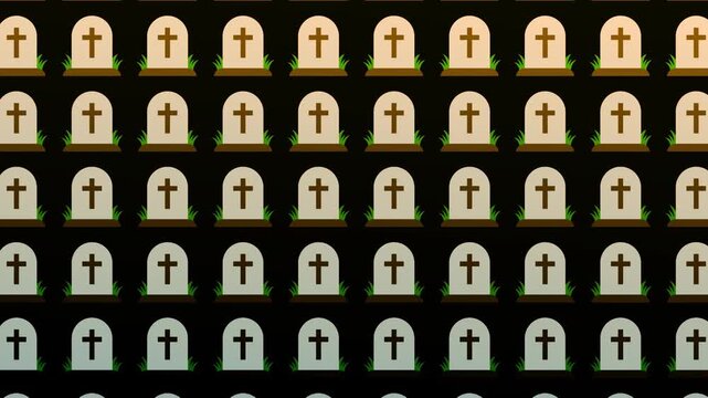 Spooky Halloween cemetery background featuring a seamless loop of stylized cartoon gravestones with christian crosses arranged in a colorful gradient grid pattern for creepy seasonal holiday designs