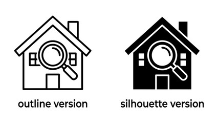 Fototapeta premium House Search Icons: Two distinct icons representing the search for a house, one in outline style and the other as a silhouette, both featuring a magnifying glass over a house facade.