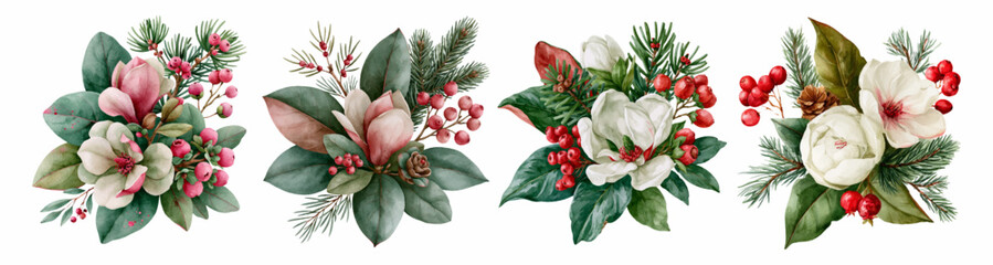 Set of watercolor winter floral bouquets featuring magnolia flowers, pine branches, red berries, and green leaves, creating festive holiday season botanic illustrations © Narin