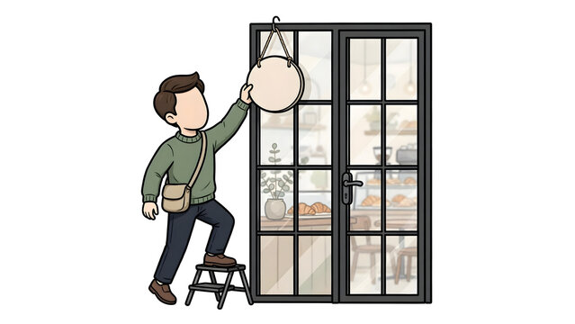 Faceless shop owner hanging open sign on boutique door, local business owner opening store for customers, friendly shopkeeper starting morning business routine illustration