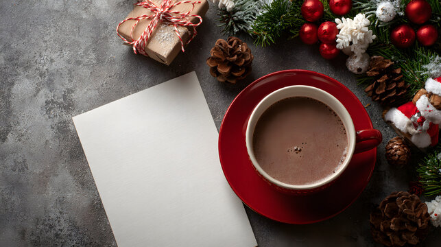 Blank letter sheet next to a red cup of hot cocoa, surrounded by winter holiday decorations on stone.