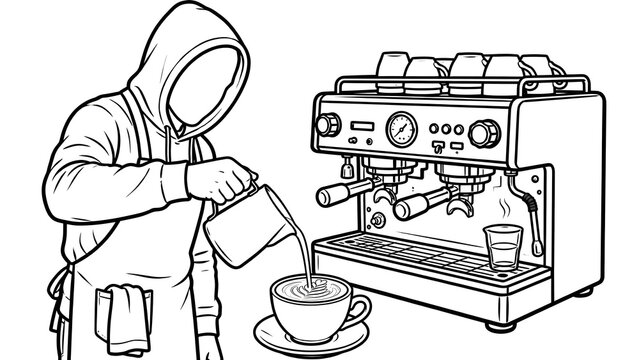 Faceless barista preparing espresso coffee at cafe counter, professional male barista brewing fresh coffee with machine, modern coffee shop interior and morning routine illustration