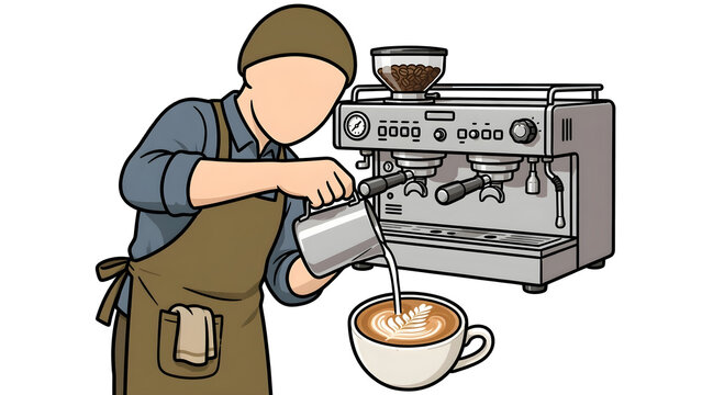 Faceless barista preparing espresso coffee at cafe counter, professional male barista brewing fresh coffee with machine, modern coffee shop interior and morning routine illustration