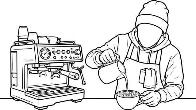 Faceless barista preparing espresso coffee at cafe counter, professional male barista brewing fresh coffee with machine, modern coffee shop interior and morning routine illustration