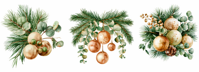 Watercolor collection of christmas decorations featuring pine branches, eucalyptus leaves, golden baubles, berries, and pinecones, creating elegant holiday arrangements © Narin
