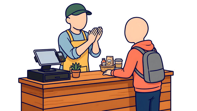 Faceless cashier serving customer at retail store checkout counter, professional cashier scanning products at supermarket cash register, shopping and commercial business illustration
