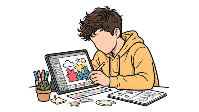 Faceless graphic designer drawing on digital tablet, creative artist creating illustration with stylus pen, digital art studio workspace, and professional designer workflow illustration