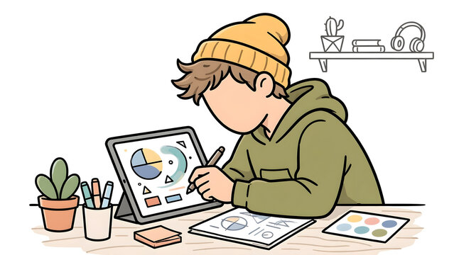 Faceless graphic designer drawing on digital tablet, creative artist creating illustration with stylus pen, digital art studio workspace, and professional designer workflow illustration