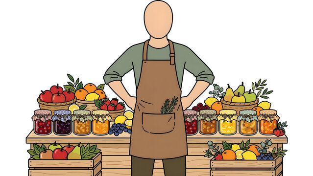 Faceless male greengrocer standing at fruit shop market, friendly fruit seller managing organic food stall storefront, local grocery store owner and healthy retail business illustration