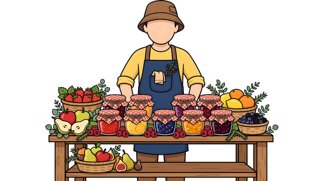 Faceless male greengrocer standing at fruit shop market, friendly fruit seller managing organic food stall storefront, local grocery store owner and healthy retail business illustration