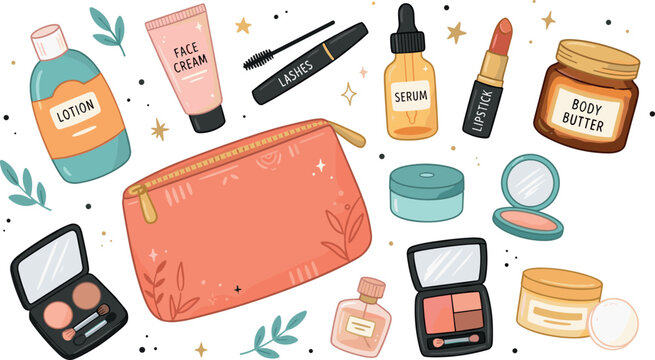 Makeup pouch and cosmetics beauty products vector set with lipstick mascara lotion face cream serum and palette illustration