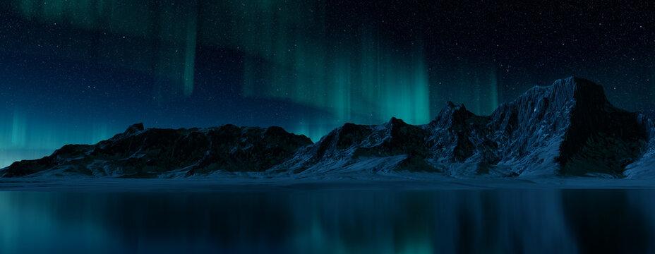 Green Aurora Borealis over Snow covered Landscape. Majestic Northern Lights Wallpaper with copy-space.