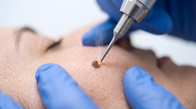 gloved hands hold electric cauterizer tip pressed against mole on shoulder during closeup dermatology treatment procedure today