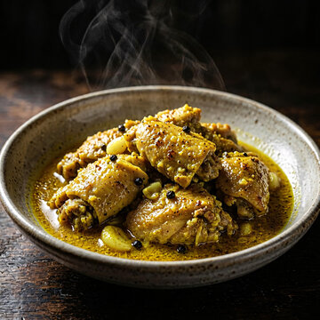 Close-up of steaming chicken curry with garlic and black peppercorns in a rich golden sauce against a dark rustic background.
