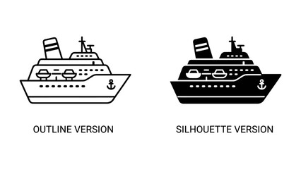 Cruise Ship Icon: Two representations of a cruise ship, one as an outline and the other as a silhouette, showcasing design variations for travel and maritime themes. © Mst