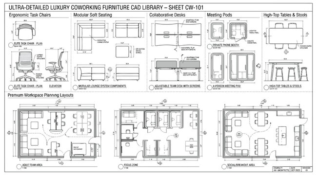 Ultradetailed luxury coworking furniture cad library sheet
