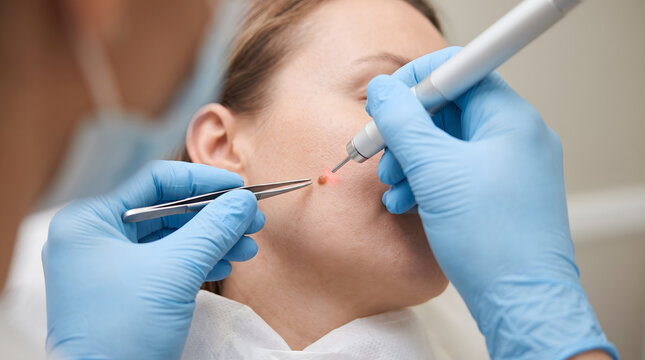 dermatologist holds tweezers near woman cheek while using electric tool to remove mole during clinical skin procedure
