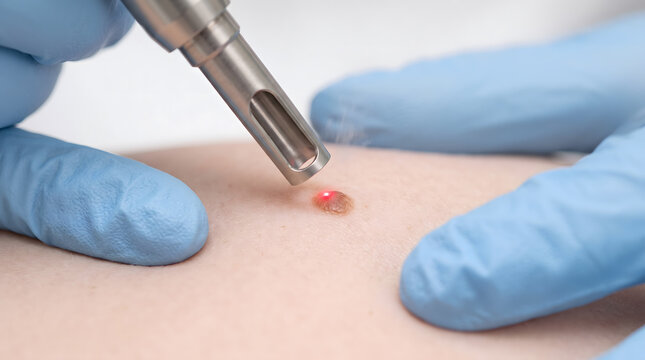 closeup view shows electric device removing mole from skin with slight bleeding during dermatology clinic treatment session