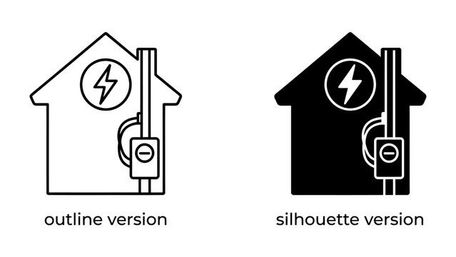 Electrical House Outline and Silhouette: A graphic representation of a house with an electrical meter, power line, and lightning bolt symbol.