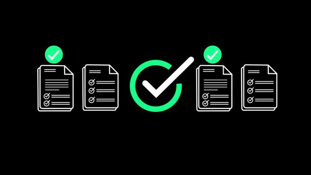 Digital checklist and approval workflow showing business document validation and task tracking system for decision making, process optimization, and quality verification with high efficiency. 4k video