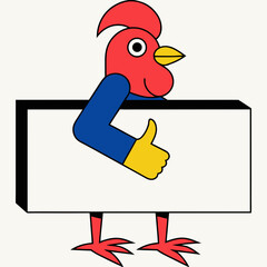 A chicken rooster cockerel bird cartoon character peeking over a sign and giving a thumbs up © Shakeela