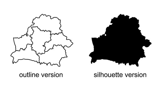 Belarus Map Outline and Silhouette: A graphic representation of Belarus, showcasing both an outline map divided into regions and a solid silhouette version.