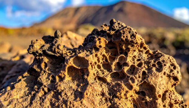 Close-up of porous volcanic rock formation with mountain in background.