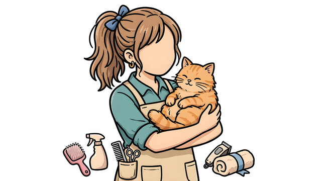 Faceless woman holding a cute cat in her arms, loving female pet owner hugging her kitten, cozy lifestyle illustration with faceless girl and cute domestic pet
