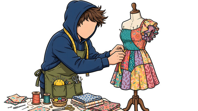 Faceless fashion designer creating dress on mannequin, creative female tailor draping fabric on tailor dummy, fashion design studio workshop and clothing production illustration