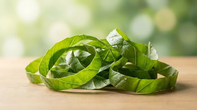 Fresh basil leaves prepared in a chiffonade style cut for culinary garnishing, resting on a rustic wooden table surface with a soft blurred garden background.