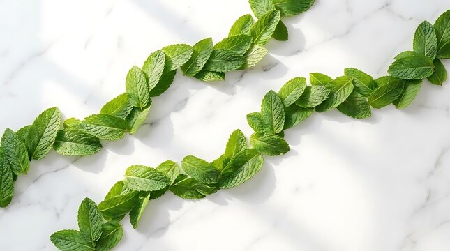 Fresh green mint leaves arranged in a wavy line on a white marble background for culinary chiffonade preparation concepts and healthy gourmet cooking