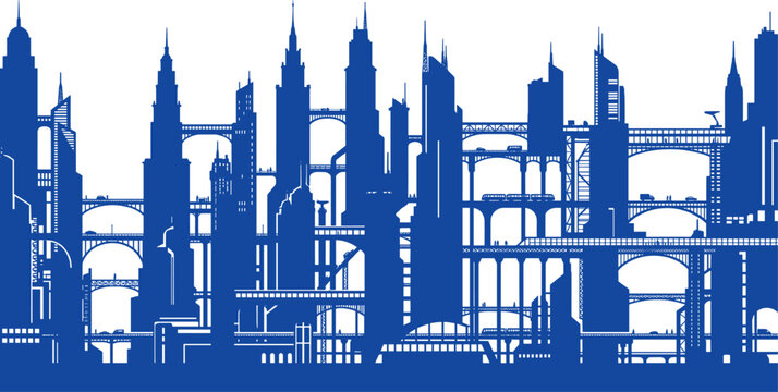 Blue silhouette of multi-layered futuristic city with bridges on transparent background