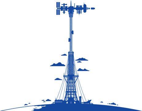 Blue silhouette of space elevator orbital tower rising from earth into clouds