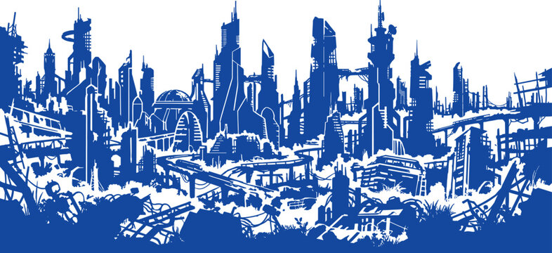 Complex futuristic city with monorails and skyscrapers presents detailed blue silhouette outline