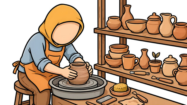 Faceless artisan making pottery on pottery wheel, creative person crafting clay pot in studio workshop, handmade ceramic craft, traditional pottery hobby, and art studio illustration