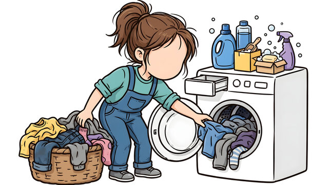 Woman putting dirty clothes into washing machine, cheerful housewife doing laundry at home, female character loading laundry appliances in modern bathroom utility room illustration