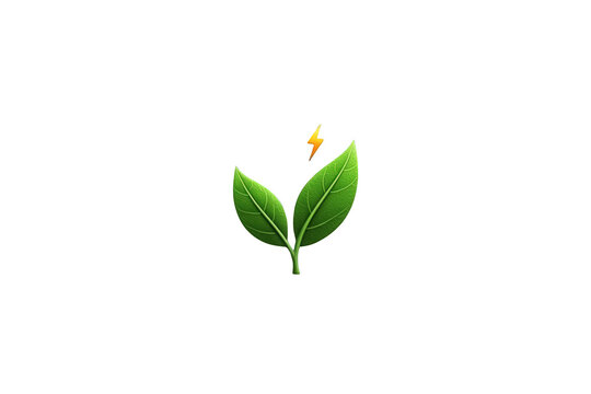 Two green leaves creating energy with a lightning bolt, symbolizing sustainable power, renewable resources, and bioenergy