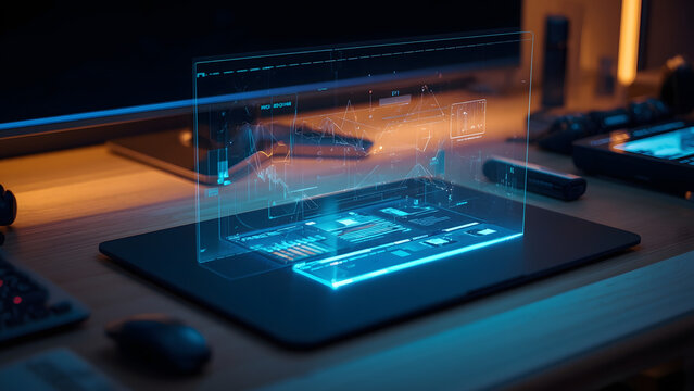 Futuristic holographic interface on office desk, glowing blue digital data display, high-tech workspace with virtual screen and neon lighting