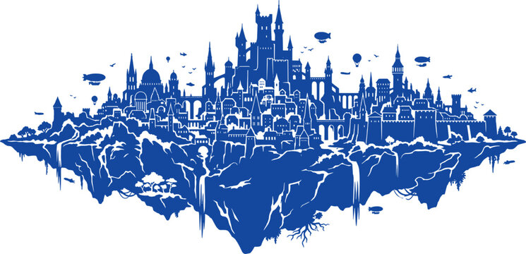 Fantasy castle city on floating island with waterfalls and blimps in silhouette