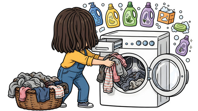 Woman putting dirty clothes into washing machine, cheerful housewife doing laundry at home, female character loading laundry appliances in modern bathroom utility room illustration