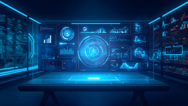 Futuristic digital control room with glowing blue data dashboard, high-tech command center interface, neon cyber security operations display