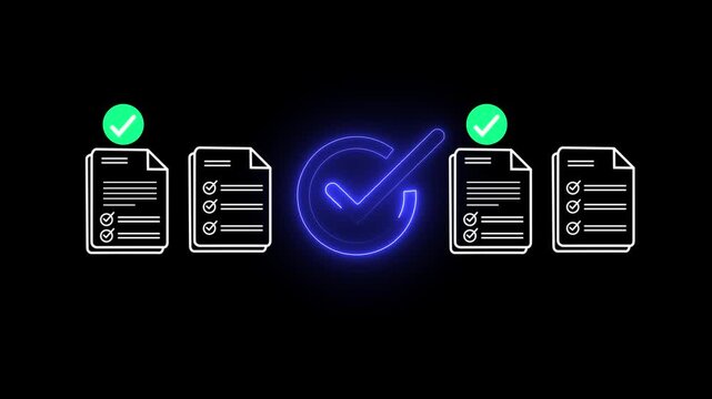 Digital checklist and approval workflow showing business document validation and task tracking system for decision making, process optimization. 4k video