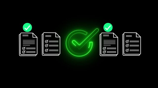 Digital checklist and approval workflow showing business document validation and task tracking system for decision making, process optimization. 4k video