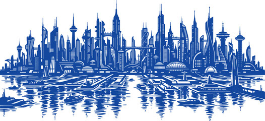 Fototapeta premium Modern sci-fi city skyline reflects on water surface in blue silhouette