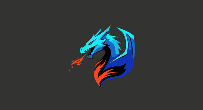 Stylized dragon illustration with vibrant blue and orange colors against a dark background, breathing fire