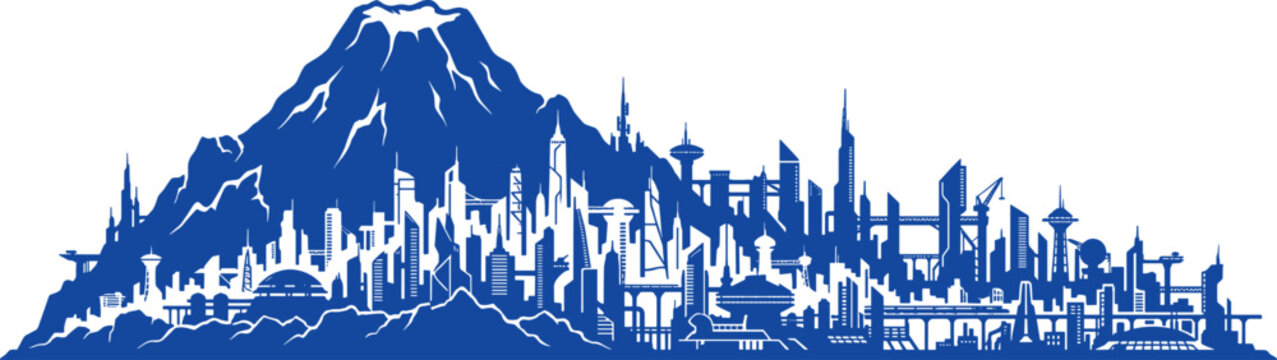 Modern sci-fi metropolis skyline standing in front of giant mountain in blue silhouette