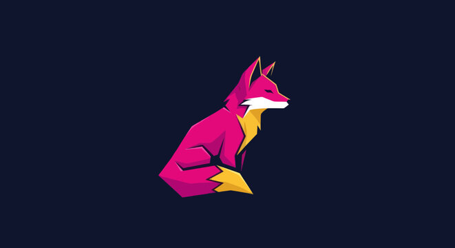 A stylized, geometric fox illustration in magenta, yellow and white on a dark blue background