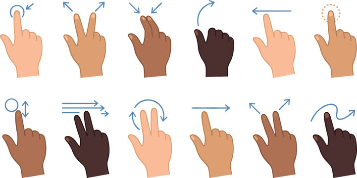 Touch screen hand gestures vector icon set with diverse skin tones featuring tap swipe pinch zoom rotate scroll and interface control symbols
