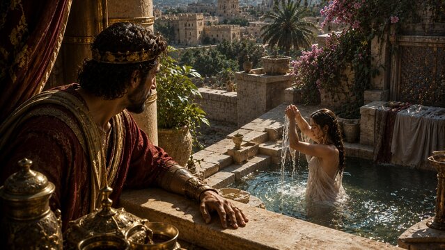 King David Observing Bathsheba Bathing &ndash; 2 Samuel 11:1&ndash;5, A Biblical Scene in Ancient Jerusalem, Christian Illustration
