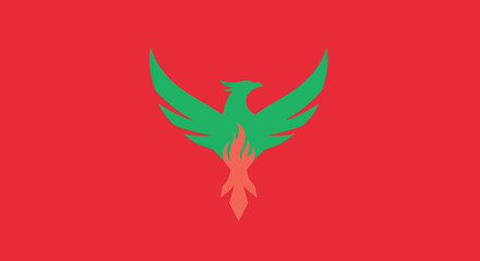 Fototapeta premium Green phoenix silhouette with outstretched wings and tail of flame on a red background